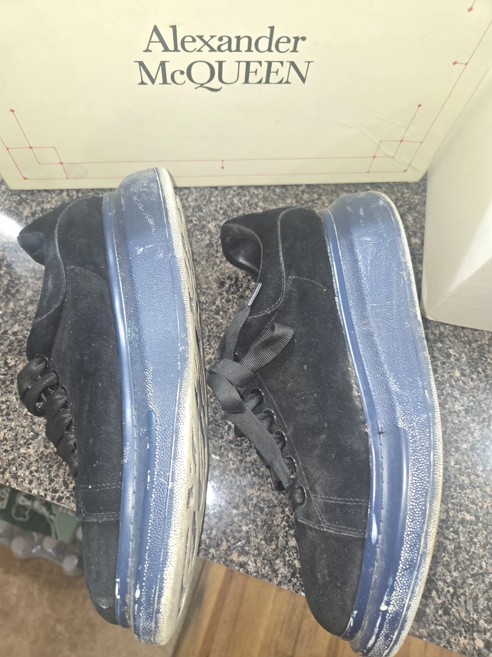Alexander McQueen Black Suede Low-Top Sneakers with Blue Sole